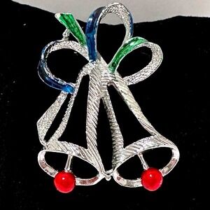 Christmas Bells Brooch Holiday Pin Red Bead Silver Tone Festive Jewelry